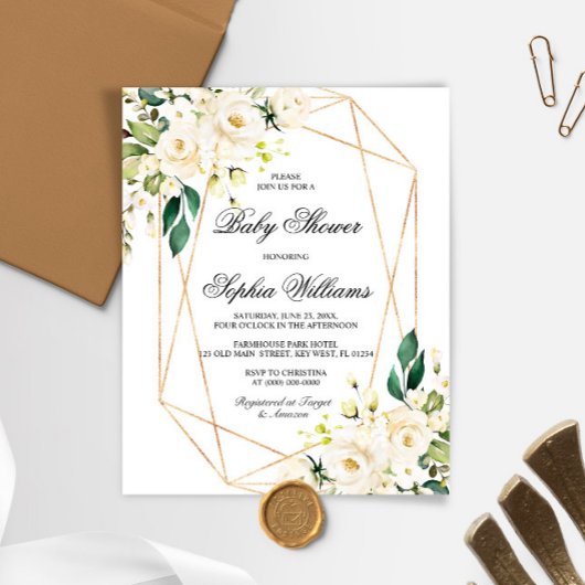 Budget Witte Roos & Groene Baby Shower Uitnodiging