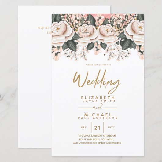 Budget Witte Rozen Botanische Trouw Uitnodigingen (Voorkant / Achterkant)