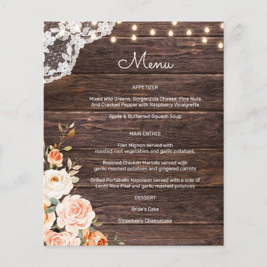 Budget Wood, Lace Blush Peach Floral Menu (Voorkant)