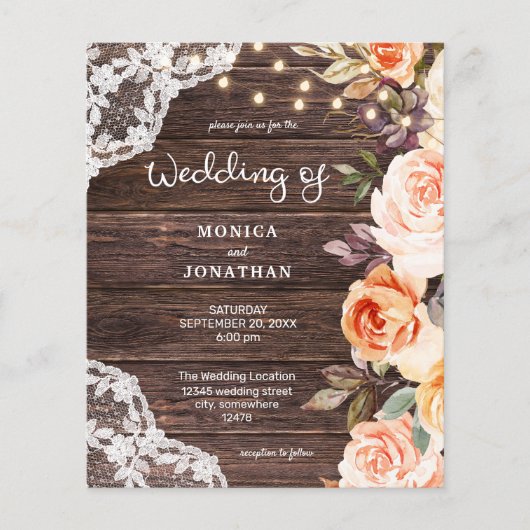 Budget Wood, Lace, Roze en Peach Floral Wedding (Voorkant)