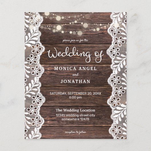 Budget Wood Lace String Lights Wedding Flyer (Voorkant)