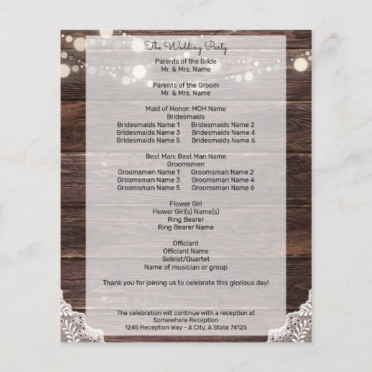 Budget Wood, String Lights, Lace Wedding Ceremony Flyer (Achterkant)