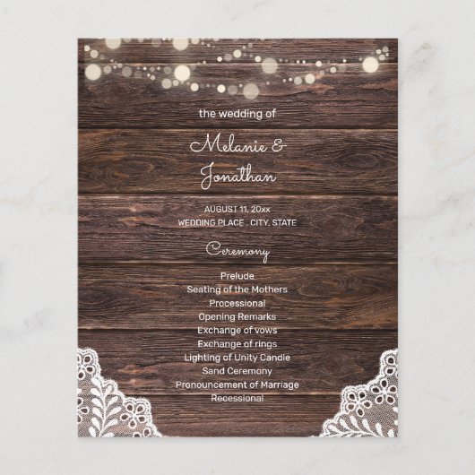 Budget Wood, String Lights, Lace Wedding Ceremony Flyer (Voorkant)