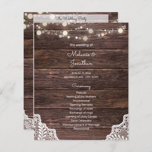 Budget Wood, String Lights, Lace Wedding Program (Voorkant / Achterkant)
