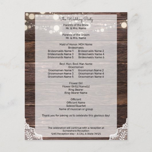 Budget Wood, String Lights, Lace Wedding Program (Achterkant)