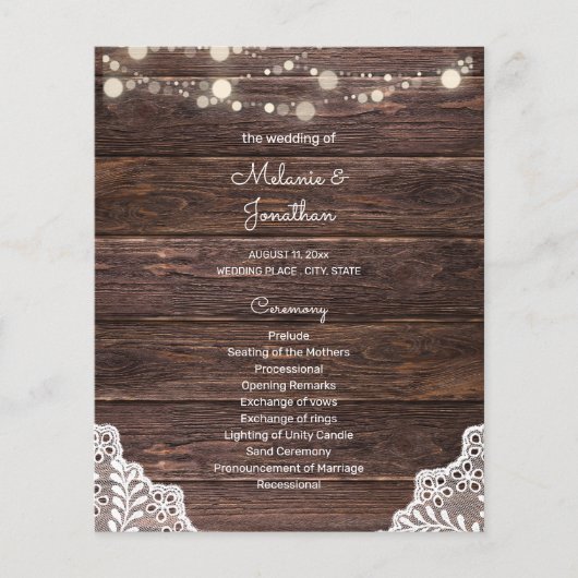 Budget Wood, String Lights, Lace Wedding Program (Voorkant)