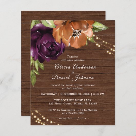 Budget Wooden Rustic Floral Wedding Invitation (Voorkant / Achterkant)