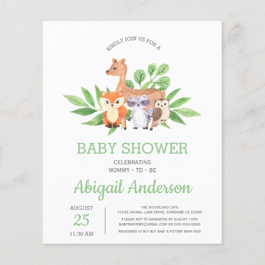 BUDGET Woodland Animal Baby shower Invitation Flyer (Voorkant)