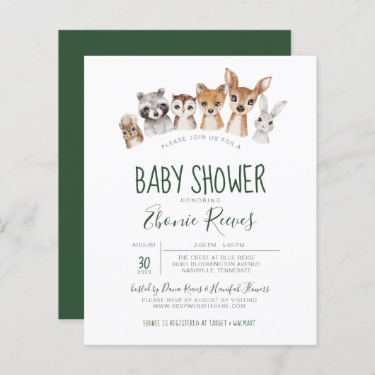 Budget Woodland Animals Baby shower Invitation (Voorkant / Achterkant)