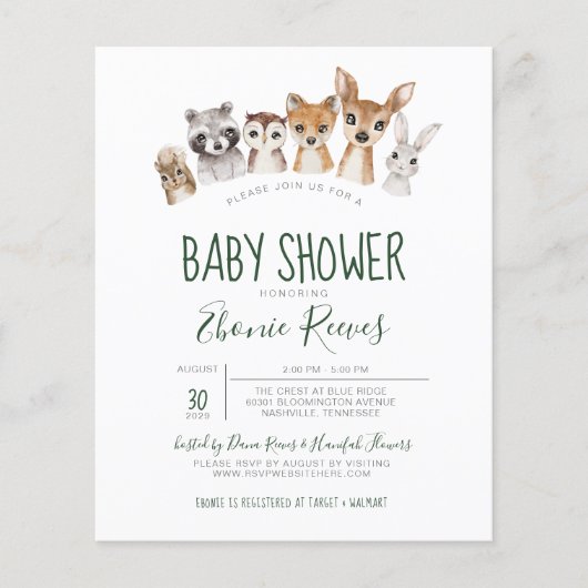 Budget Woodland Animals Baby shower Invitation (Voorkant)