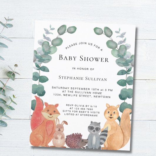 Budget Woodland Animals Baby Shower Uitnodiging