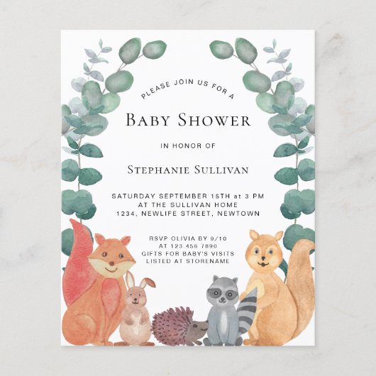 Budget Woodland Animals Baby Shower Uitnodiging (Voorkant)