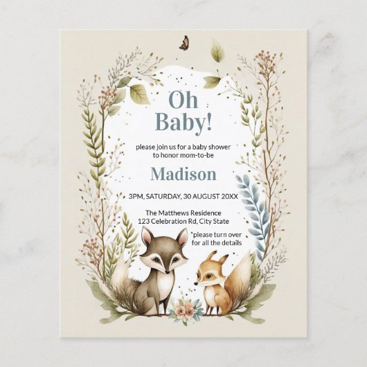 Budget Woodland Animals Boy Baby shower nodigt uit (Voorkant)