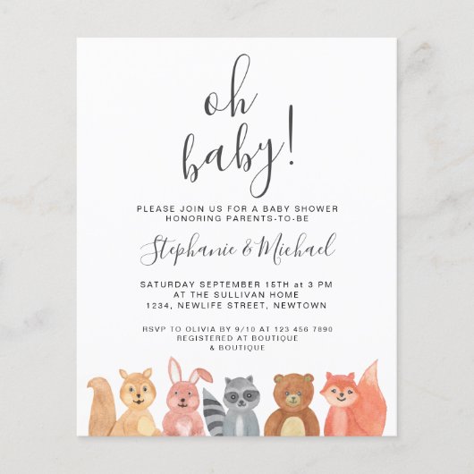 Budget Woodland Animals Couples Baby shower Invite (Voorkant)