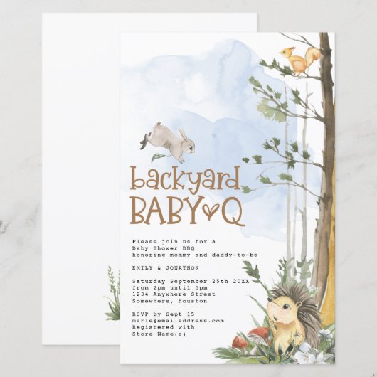 Budget Woodland Baby Q Backyard Baby shower Invite (Voorkant / Achterkant)