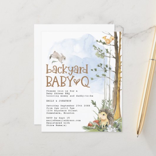 Budget Woodland Baby Q Backyard Baby shower Invite (Voorkant / Achterkant in situ)