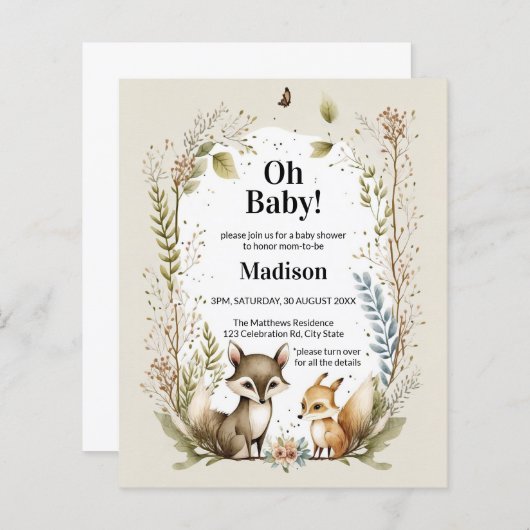 Budget Woodland Creatures Baby shower Invite (Voorkant / Achterkant)