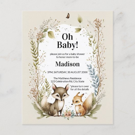 Budget Woodland Creatures Baby shower Invite Flyer (Voorkant)