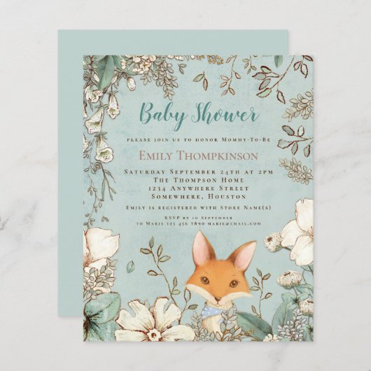 Budget Woodland Cute Fox Boy Baby shower Invite (Voorkant / Achterkant)