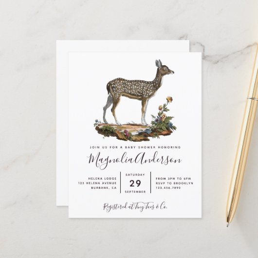 Budget Woodland Deer Baby shower Invitation (Voorkant / Achterkant in situ)