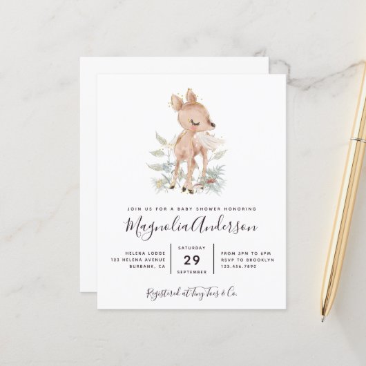 Budget Woodland Deer Baby shower Invitation (Voorkant / Achterkant in situ)