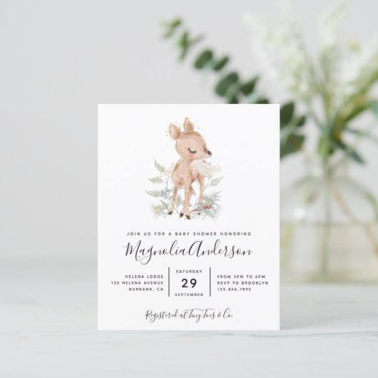 Budget Woodland Deer Baby shower Invitation (Staand voorkant)