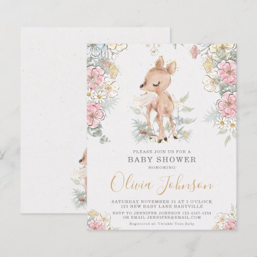 BUDGET Woodland Deer Floral Baby shower Invitation (Voorkant / Achterkant)
