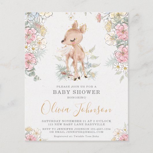 BUDGET Woodland Deer Floral Baby shower Invitation (Voorkant)