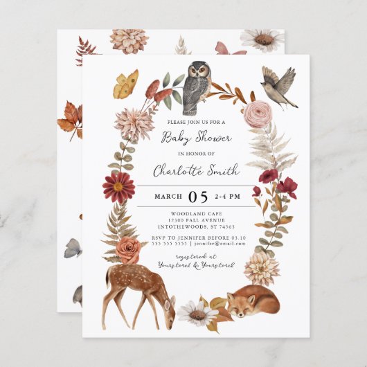 Budget Woodland Forest Animals Baby shower Invite (Voorkant / Achterkant)