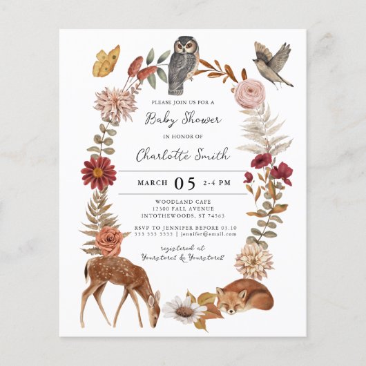 Budget Woodland Forest Animals Baby shower Invite (Voorkant)