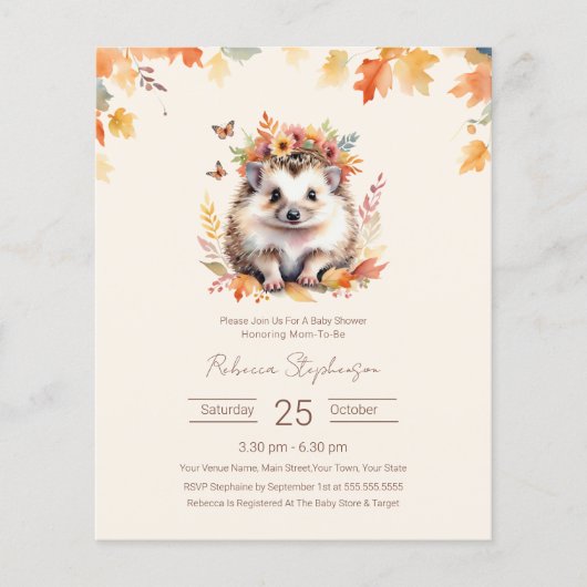Budget Woodland Schattigee Egel Herfst Baby shower (Voorkant)