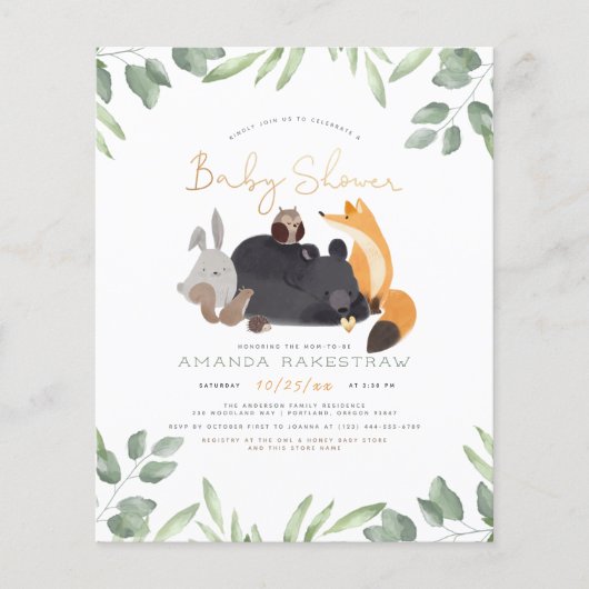 Budget Woodland Waterverf Animals Baby shower (Voorkant)