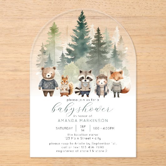Budget Woodland Waterverf Baby shower Acryl Uitnodigingen (Voorkant)