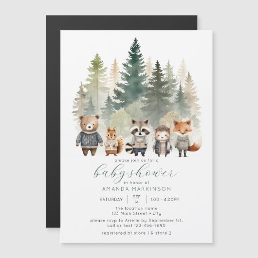 Budget Woodland Waterverf Baby shower Magnetische Uitnodiging (Voorkant / Achterkant)
