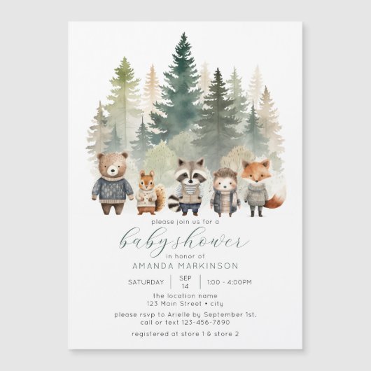 Budget Woodland Waterverf Baby shower Magnetische Uitnodiging (Voorkant)