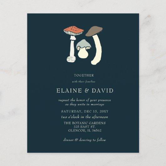 Budget Woodland Wild Mushrooms Bruiloft Uitnodigin (Voorkant)