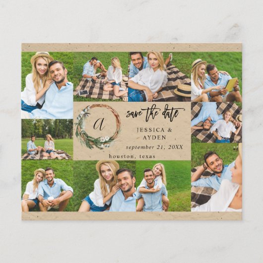Budget Wreath Rustic 10 Multi Photo Save the Date Flyer (Voorkant)