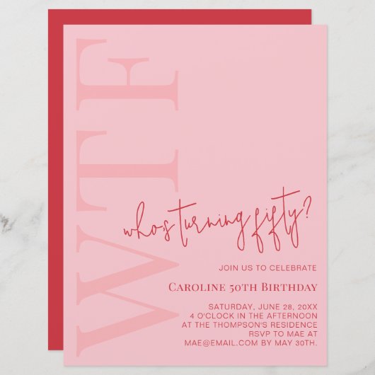 Budget WTF Who's Turning Fifty | Pink Red Birthday (Voorkant / Achterkant)