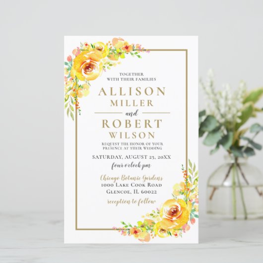 Budget Yellow Floral Rustic Wedding Invitation (Staand voorkant)