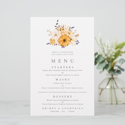 Budget Yellow Florals Foliage Wedding Menu (Staand voorkant)