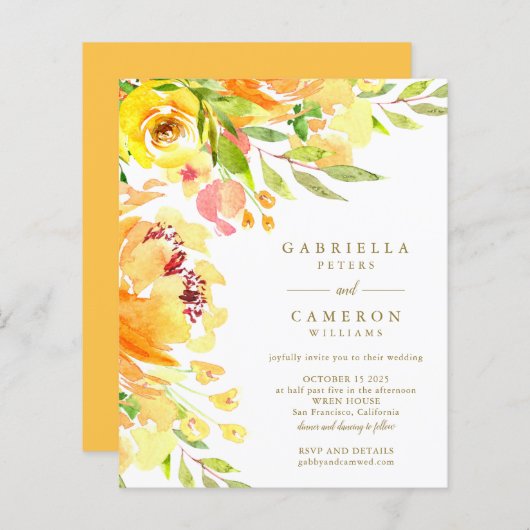 Budget Yellow Flowers Waterverf Wedding Invite (Voorkant / Achterkant)