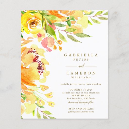 Budget Yellow Flowers Waterverf Wedding Invite (Voorkant)