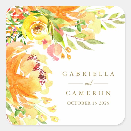 Budget Yellow Flowers Waterverf Wedding Vierkante Sticker (Voorkant)
