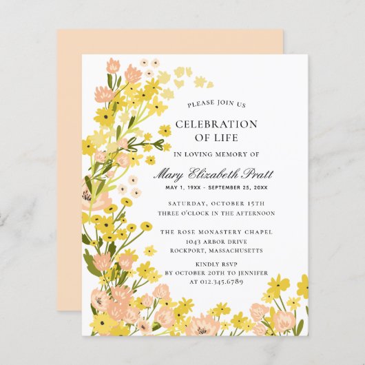 Budget Yellow Pink Foral begrafenisuitnodiging (Voorkant / Achterkant)