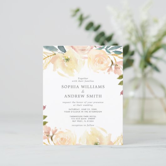 Budget Yellow Rose Floral Wedding Invitation (Staand voorkant)