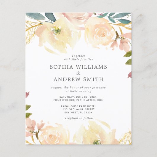 Budget Yellow Rose Floral Wedding Invitation (Voorkant)