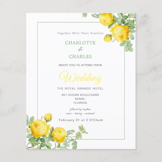 Budget Yellow Roses Elegant Floral Wedding Invite Flyer (Voorkant)