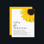 Budget Yellow Sunflower 50th Birthday Uitnodiging<br><div class="desc">Gele zonnebloem 50e verjaardag Een budgetvriendelijk SMALLER 4, 5 x 5, 6 inch alternatief. Verkrijgbaar in een SEMI GLOSS 110 lb KAART STOCK of een SATIN FINISH 80 lb THINER PAPER STOCK. Enveloppen zijn een optionele extra. Robuuste stijl met een gigantische gele zonnebloem rechts bovenaan en de kop is groot...</div>