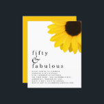 Budget Yellow Sunflower 50th Birthday Uitnodiging<br><div class="desc">Gele zonnebloem 50e verjaardag Een budgetvriendelijk SMALLER 4, 5 x 5, 6 inch alternatief. Verkrijgbaar in een SEMI GLOSS 110 lb KAART STOCK of een SATIN FINISH 80 lb THINER PAPER STOCK. Enveloppen zijn een optionele extra. Robuuste stijl met een gigantische gele zonnebloem rechts bovenaan en de kop is groot...</div>