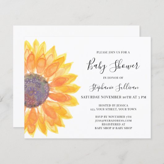 Budget Yellow Sunflower Baby shower Uitnodiging (Voorkant / Achterkant)